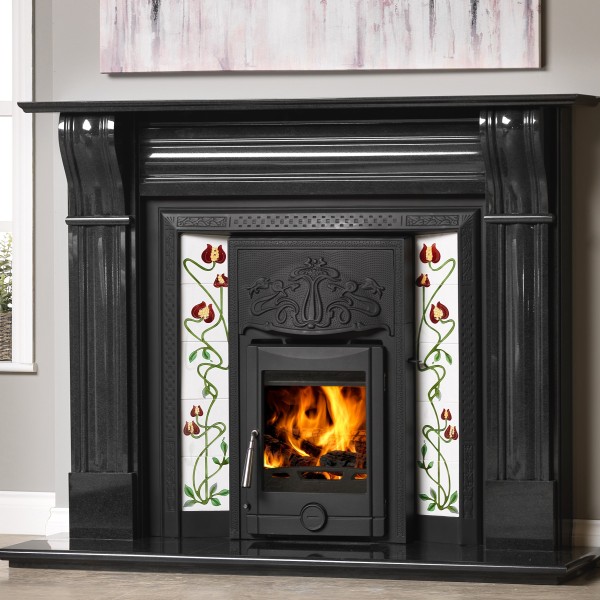 Integra Art Nouveau Cast Iron Tiled Insert Black with Polaris Inset Multi Fuel Stove